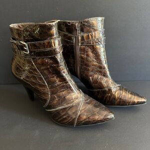 Antonio Melani Rhapsody CrocEmbossed Patent Leather Heel Ankle Boots Brown- 8.5M